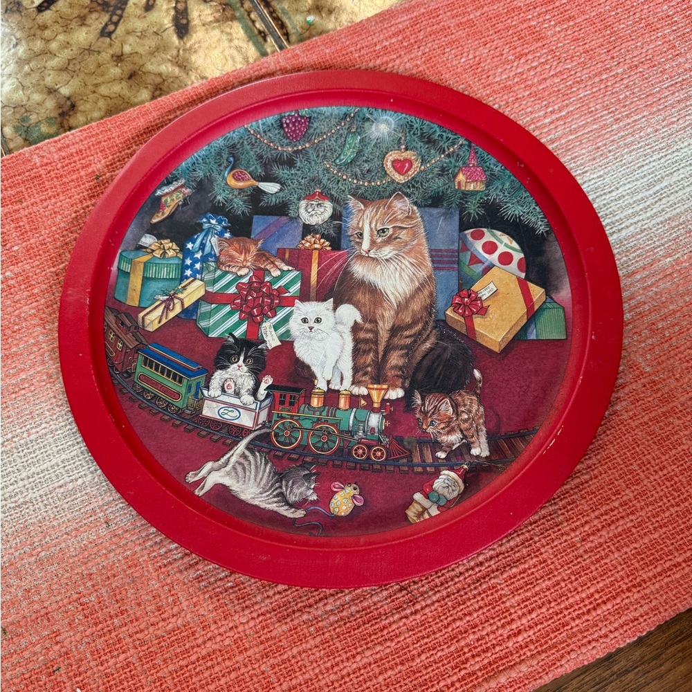 Vintage Metal Serving Tray Christmas Cats